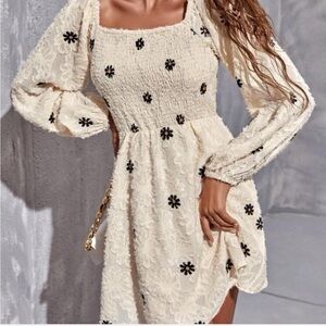 SHEIN Cream Floral Long Sleeve Dress